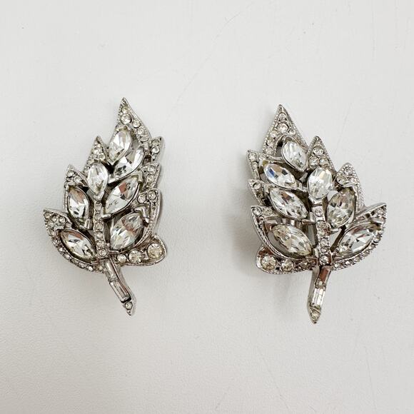 Vintage Bellini Earrings Signed Crystal Rhinestone Leaf Spray Silver Tone - Picture 9 of 12
